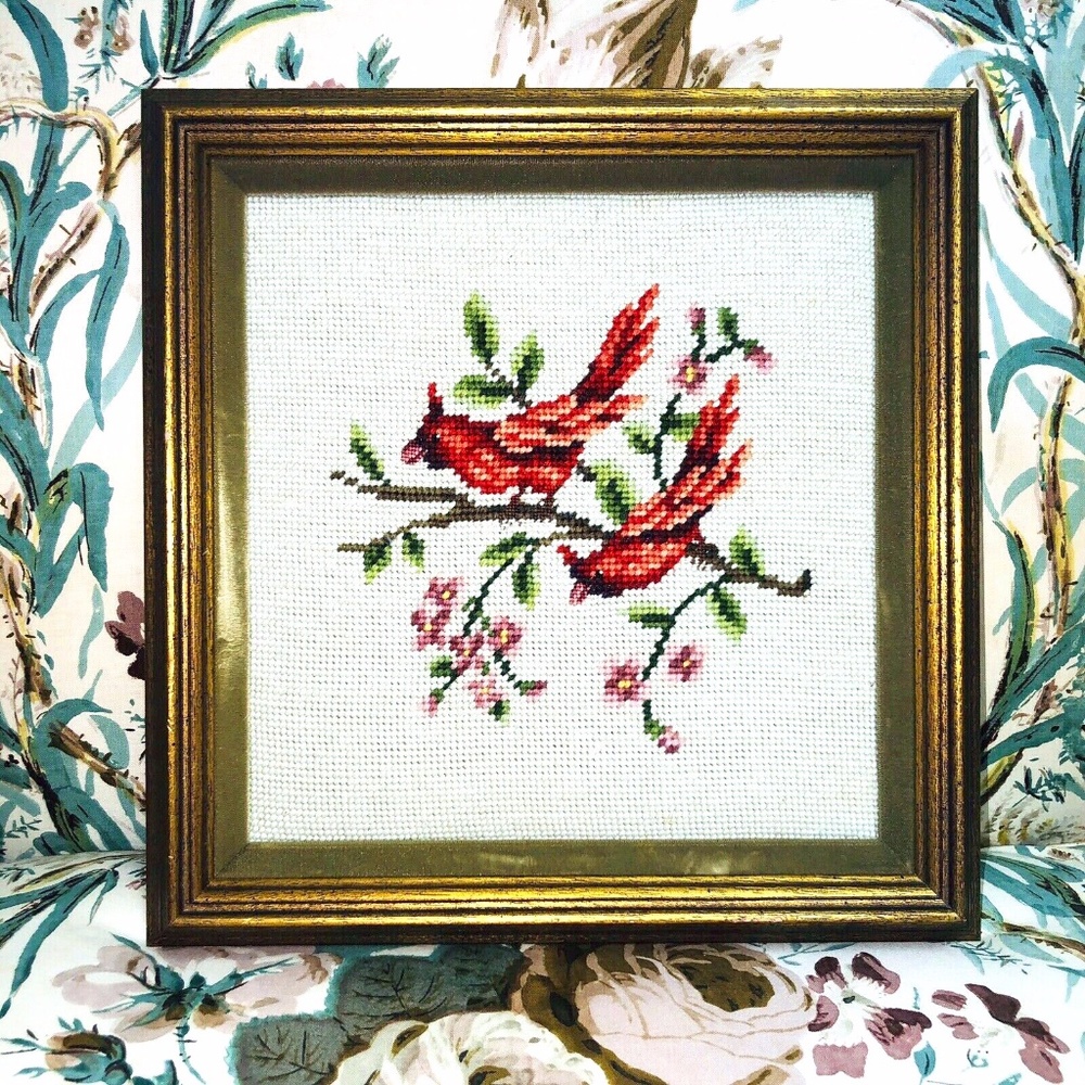 Vintage Finished Needlepoint Cardinals Gold Frame